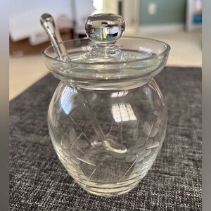 Vintage Etched Glass Mustard Pot/Jam Jar With Lid and Spoon